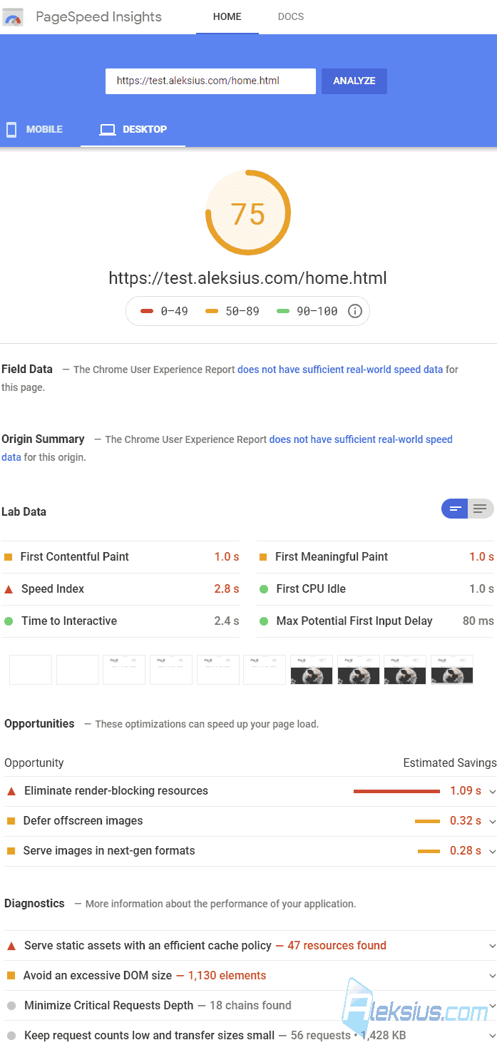 Google Pagespeed Insights (Desktop) before optimization