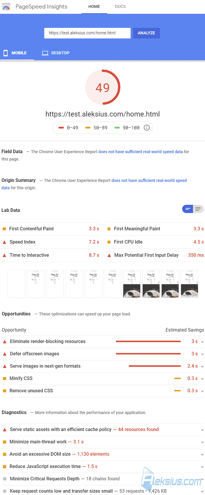 Google Pagespeed Insights (Mobile) before optimization