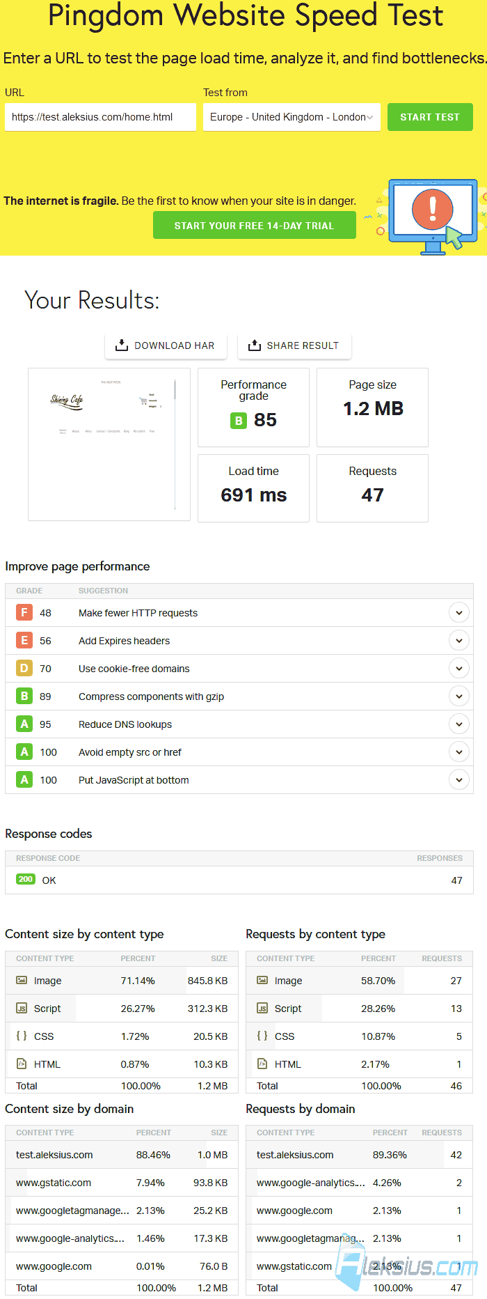 Pingdom Website Speed Test after optimization