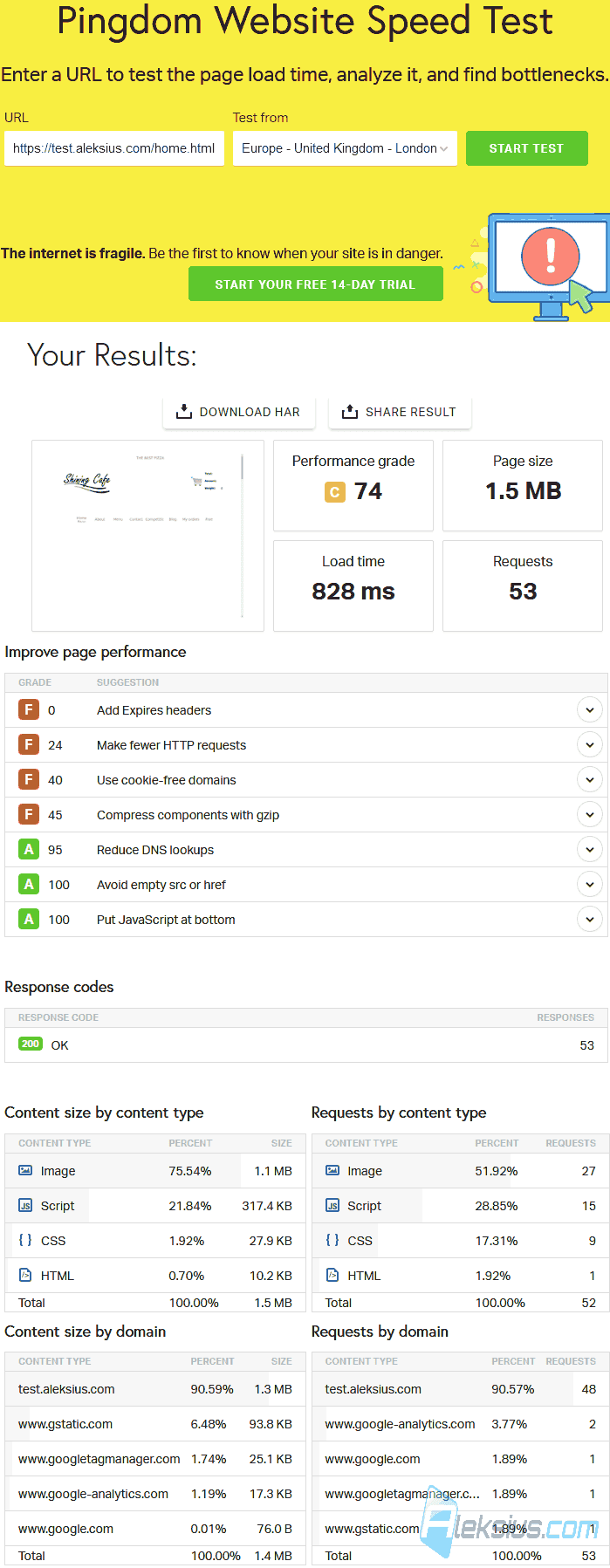 Pingdom Website Speed Test before optimization