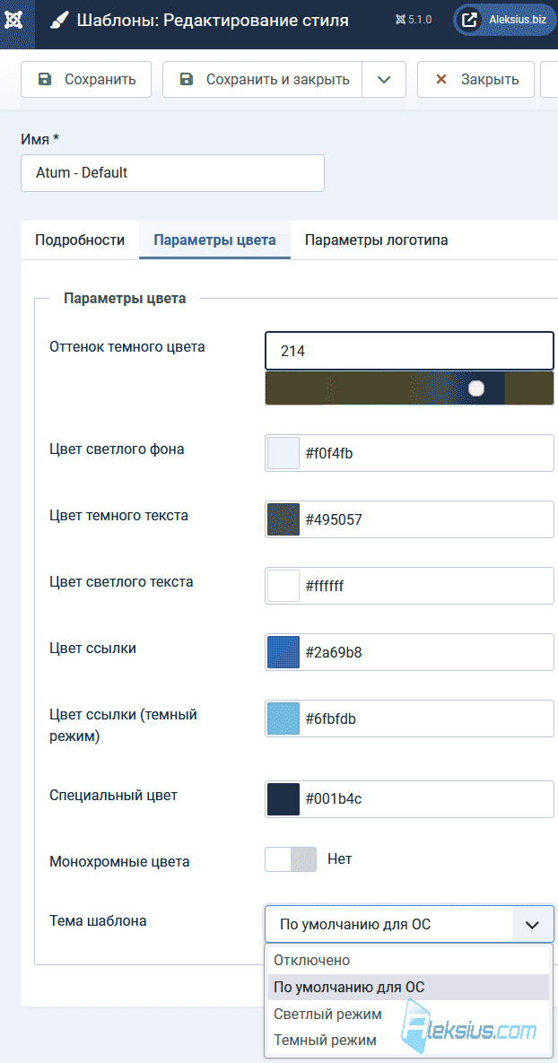 Настройки стиля шаблона админки «Atum»
