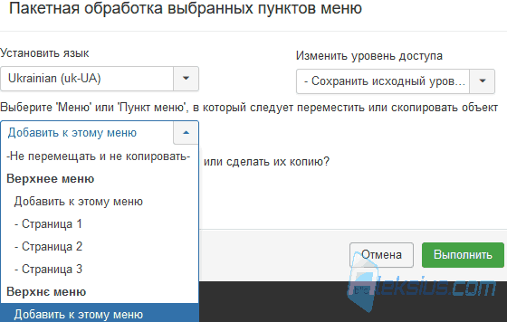 Копирование пунктов меню