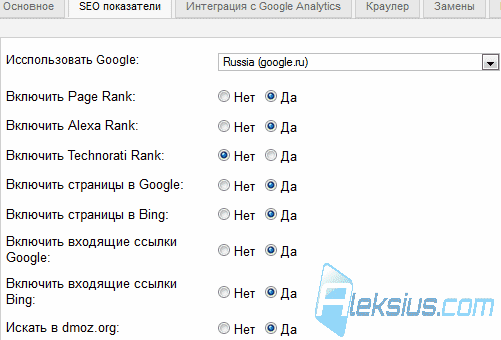 Вкладка SEO показатели Вкладка SEO показатели
