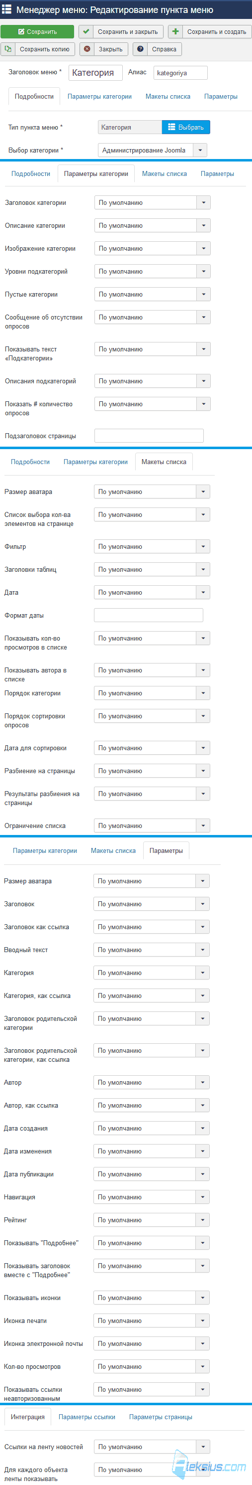 Настройки пункта меню «Категория»