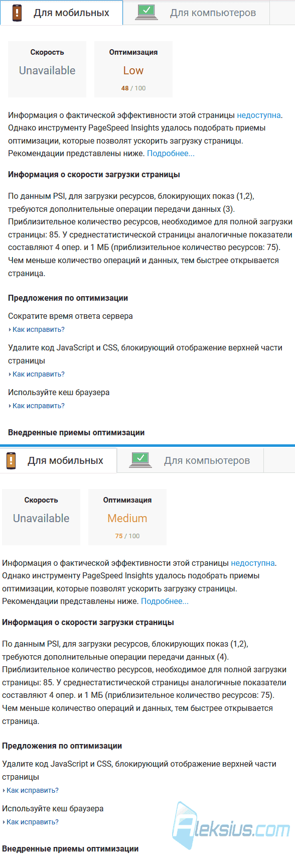 Результаты тестирования сайтов в Google PageSpeed Insights (для мобильных устройств)