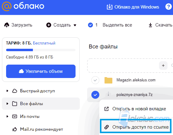 Открыть доступ к файлу на Облаке Mail.ru