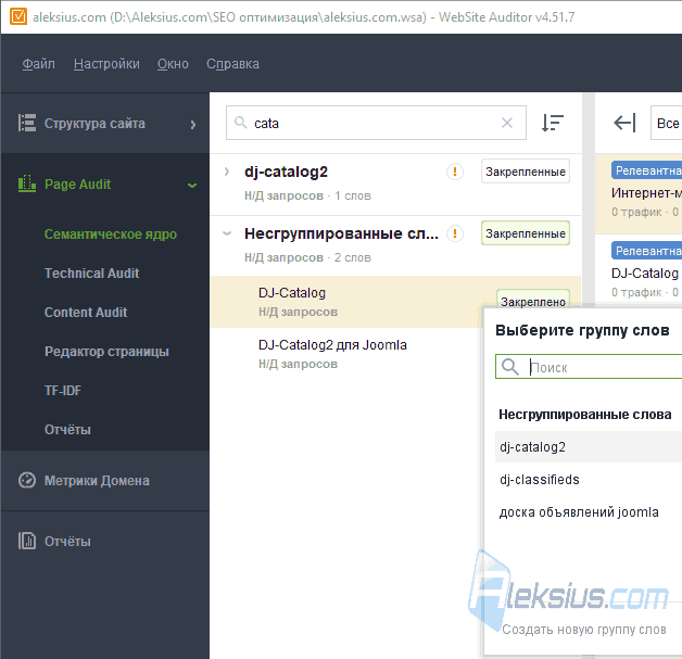 Группировка слов в WebSite Auditor